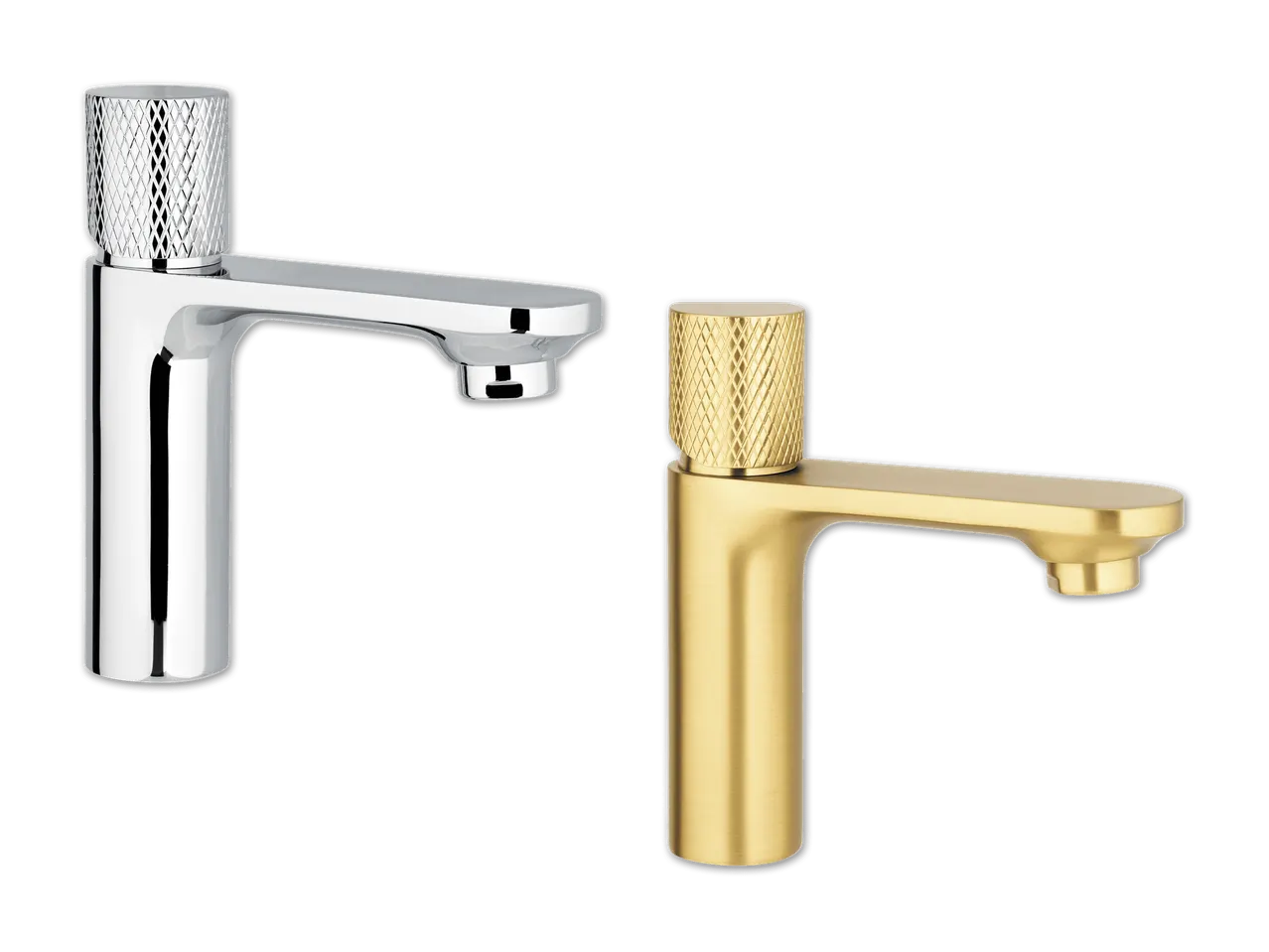 Zwei moderne Wasserhähne in Chrom und Gold.