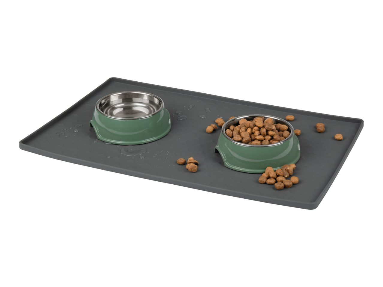 A grey silicone pet feeding mat with two green bowls, one filled with dog food.