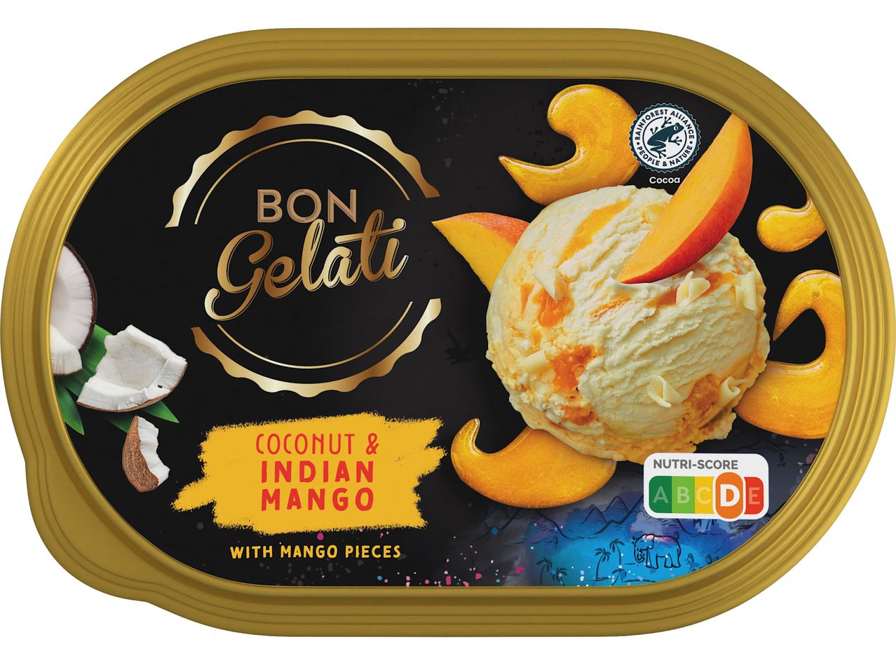 Опаковка за сладолед Bon Gelati с вкус на кокос и индийско манго, с парченца манго и логото на Rainforest Alliance.