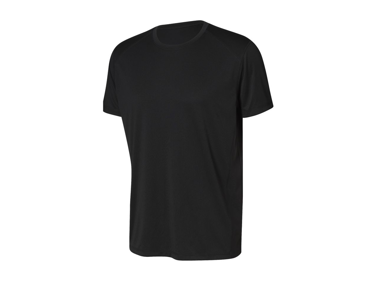 Black short-sleeved sports t-shirt with a round neck, made from a breathable fabric.