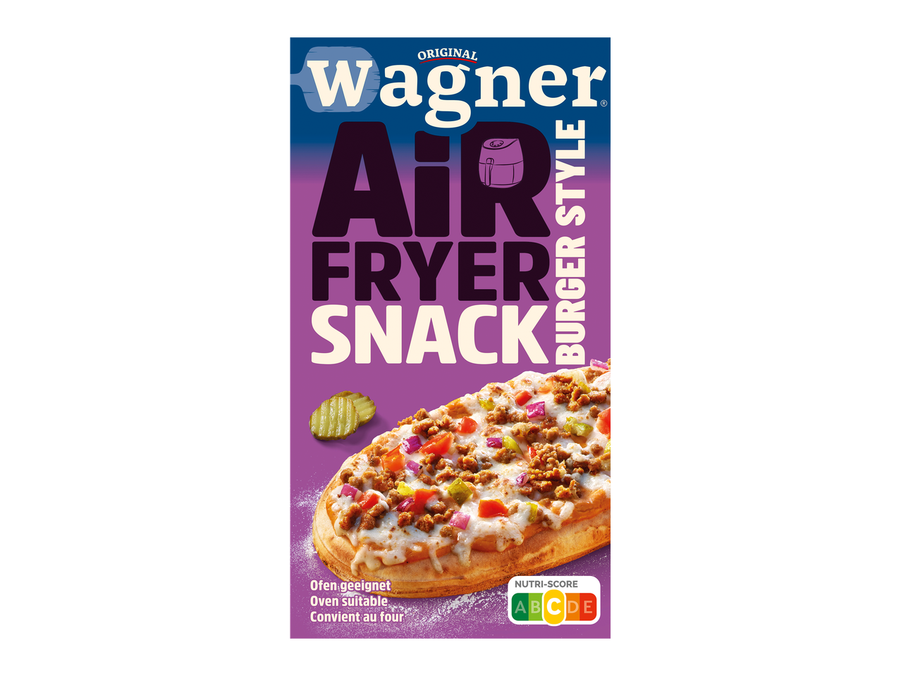 Verpakking van een diepvries snack in burgerstijl, geschikt voor de oven, met Nutri-Score A.