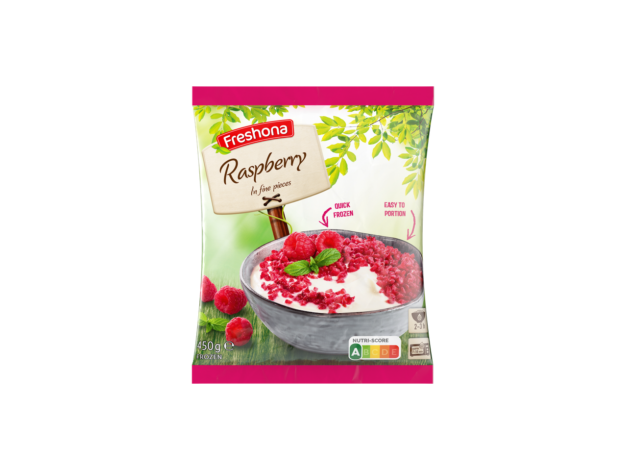 Freshona Málna apró darabokban, fagyasztott, 450g, Nutri-Score A-val.