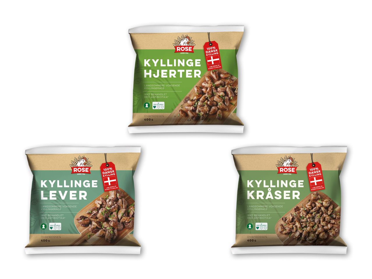Tre poser frosne kyllingehjerter, -lever og -kråser, alle med teksten '100% Danish Kylling'.