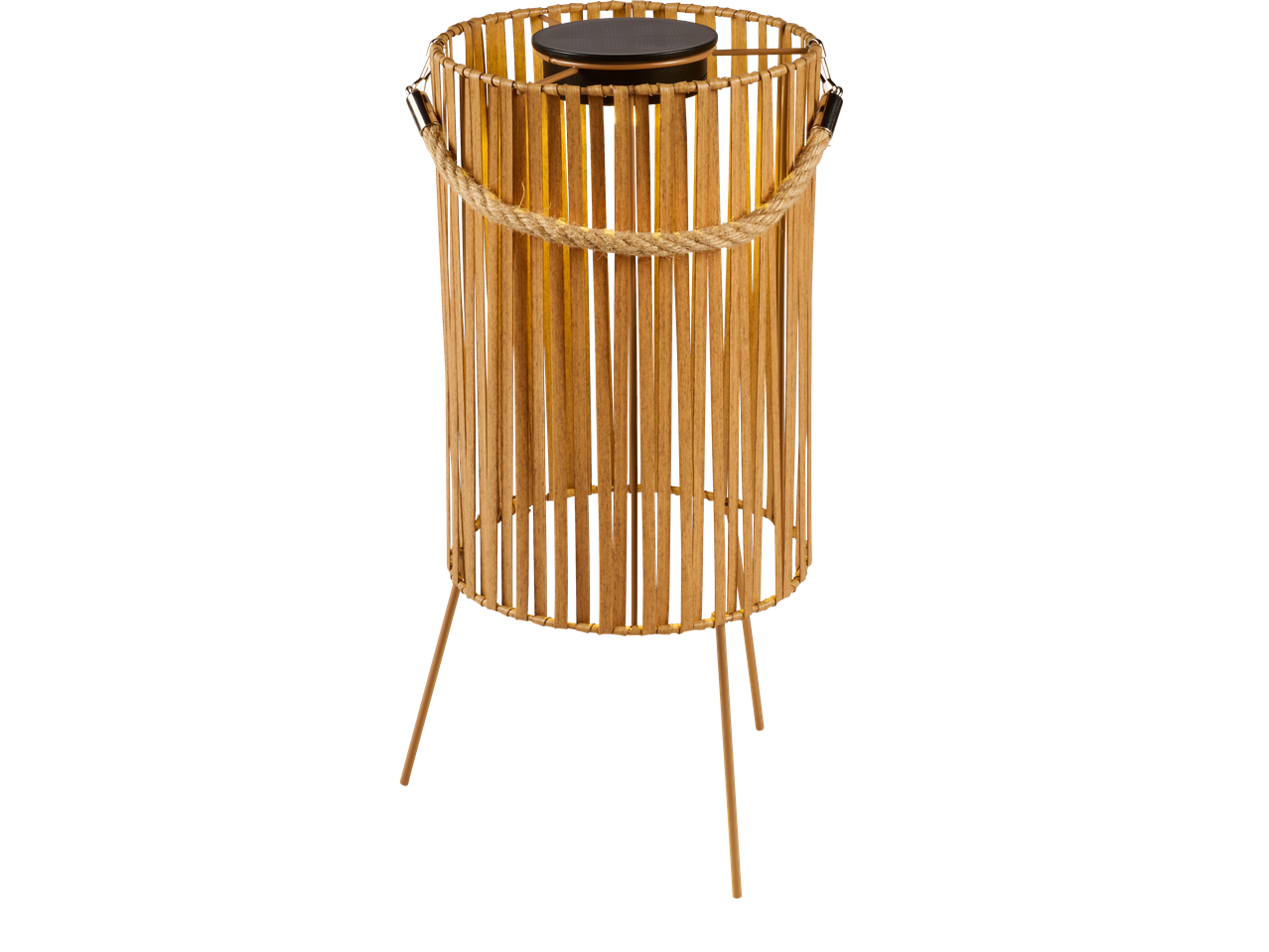 LIVARNO LED solarna lampa od bambusa sa ručkom od užeta i tri noge.