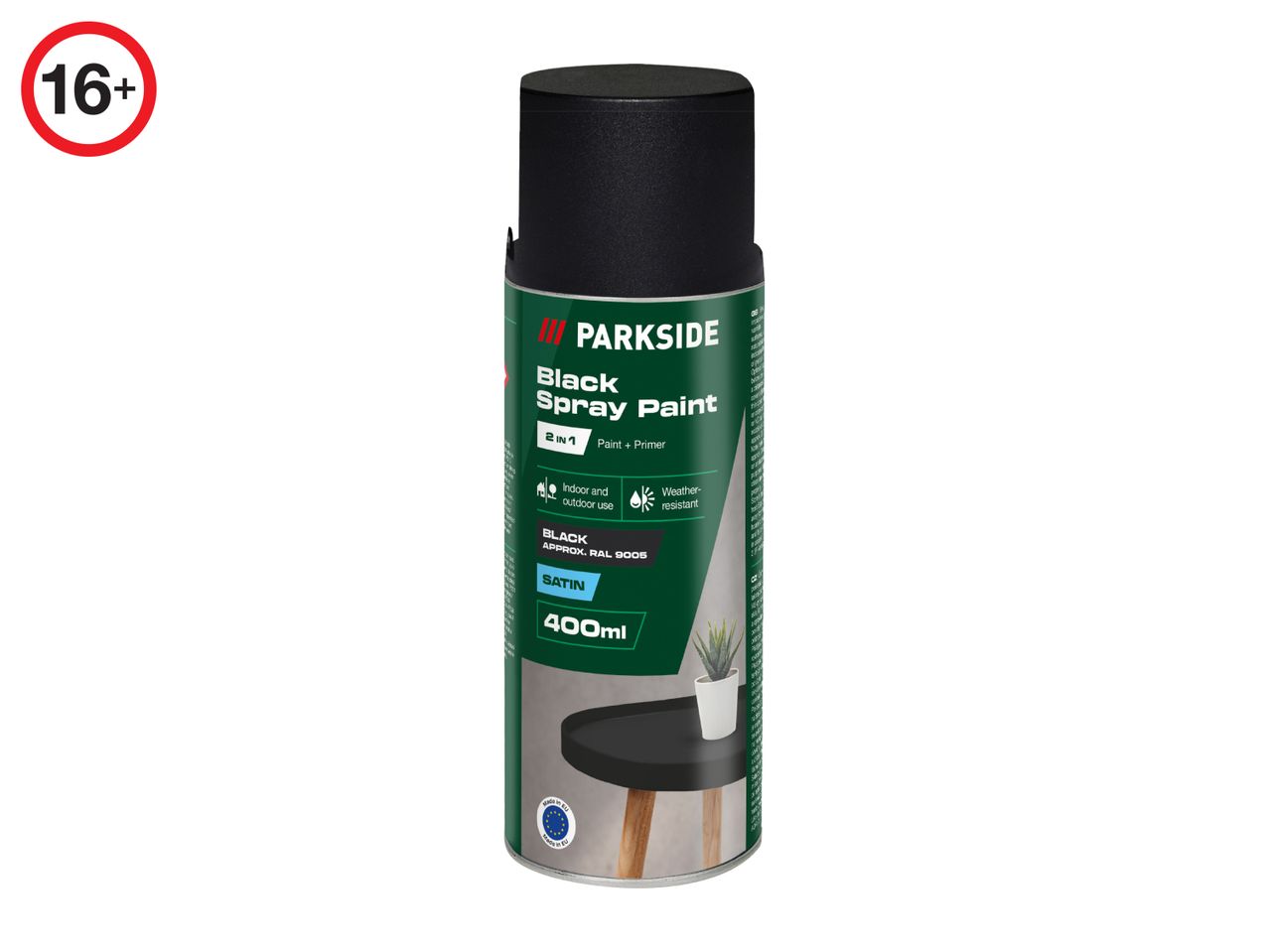 Parkside Black Spray Paint, 2-in-1 paint and primer, 400ml, with a 16+ age restriction.