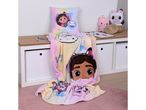 Gabby's Dollhouse themed cushion and blanket with plush toys on a wooden bench.