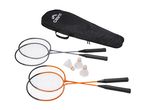 Badminton set with two grey rackets, two orange rackets, three shuttlecocks, and a black carry bag.