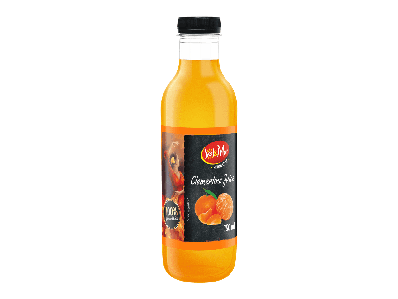 Clementine-mehua sisältävä pullo, jossa on 100 % puristettua mehua ja 750 ml.