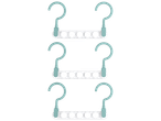 Three mint green clothing hangers with multiple hooks.