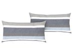 Two striped pillows in shades of blue, grey, and white.