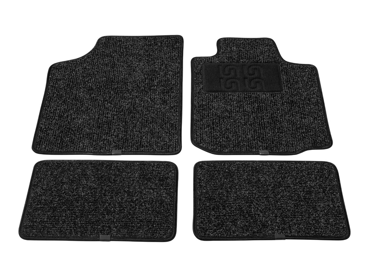Four black car floor mats with a textured surface, two larger and two smaller, one with a 'GG' logo.
