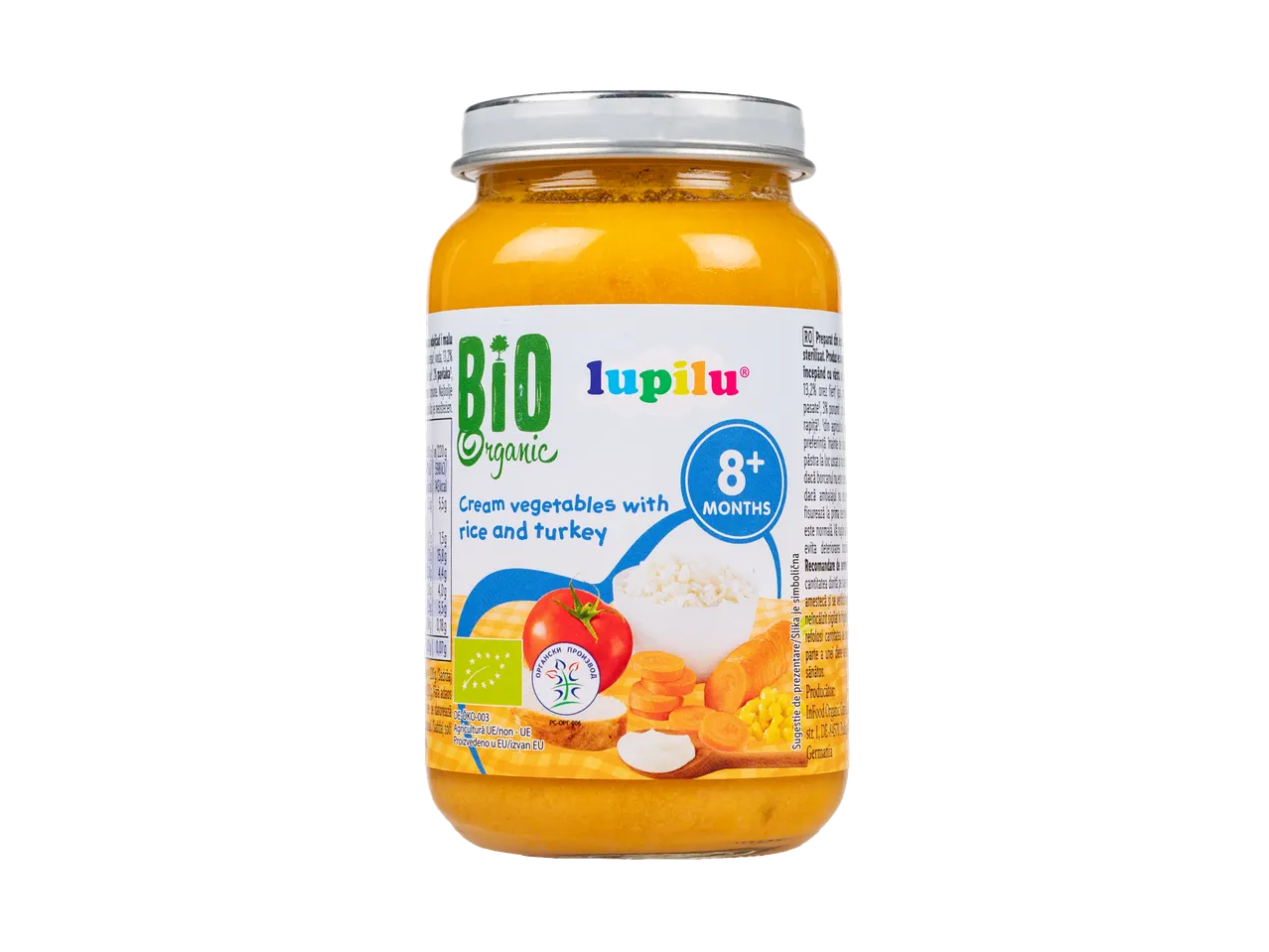 Pâine Lupilu Bio organică pentru bebeluși: Piure cremos de legume cu orez și curcan pentru bebeluși de la 8 luni.