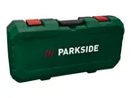 Green tool case with red latches and a black handle