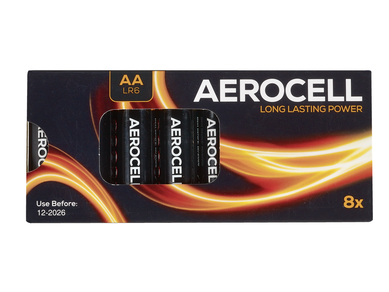 Piles Aerocell AA LR6, paquet de 8, avec une date 'À utiliser avant : 12-2026'.