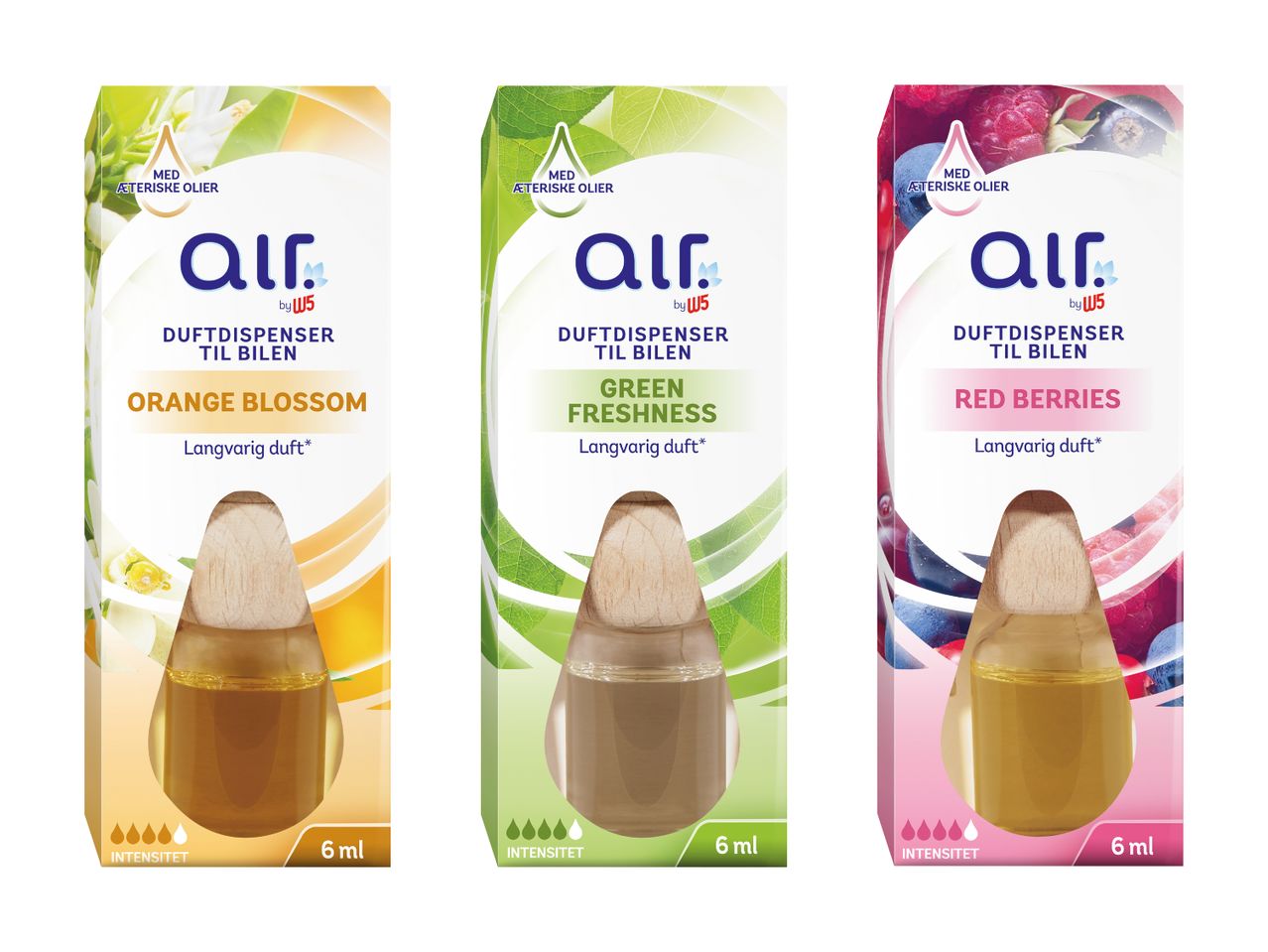 Tre W5 Air duftdispensere til biler: Orange Blossom, Green Freshness og Red Berries.