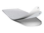 Exploded view of an ironing board cover with two layers and a perforated metal base.