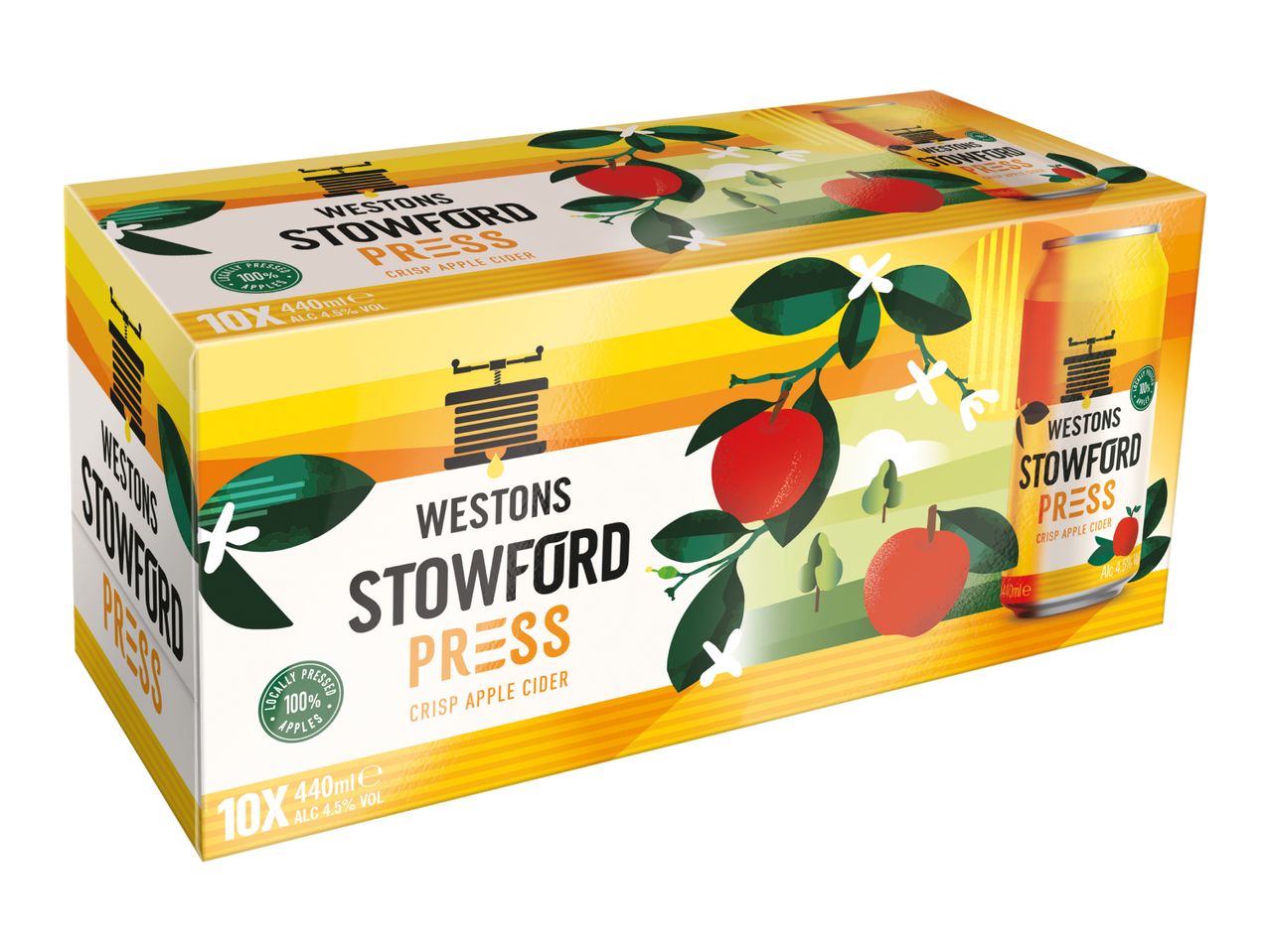 A 10-pack of crisp apple cider cans, featuring apples and an apple press design.