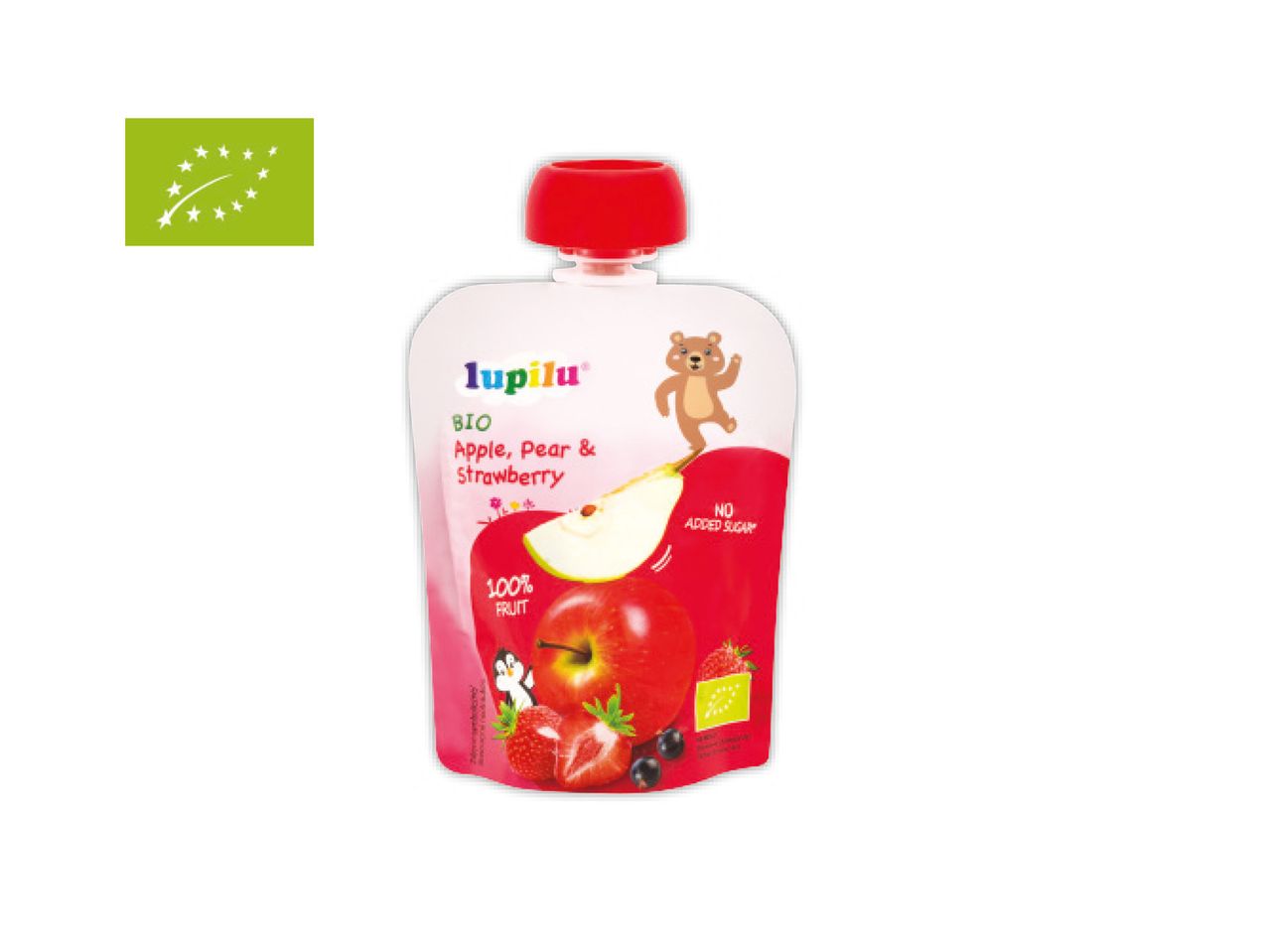 Lupilu Bio vaisių tyrė: obuolys, kriaušė ir braškė.