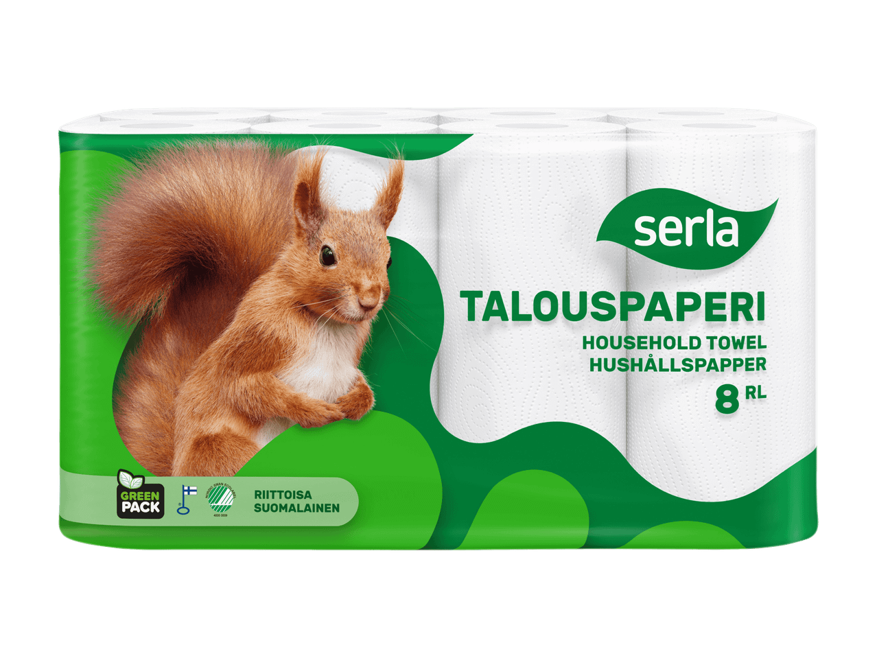 Talouspaperipakkaus, jossa on orava ja tekstiä