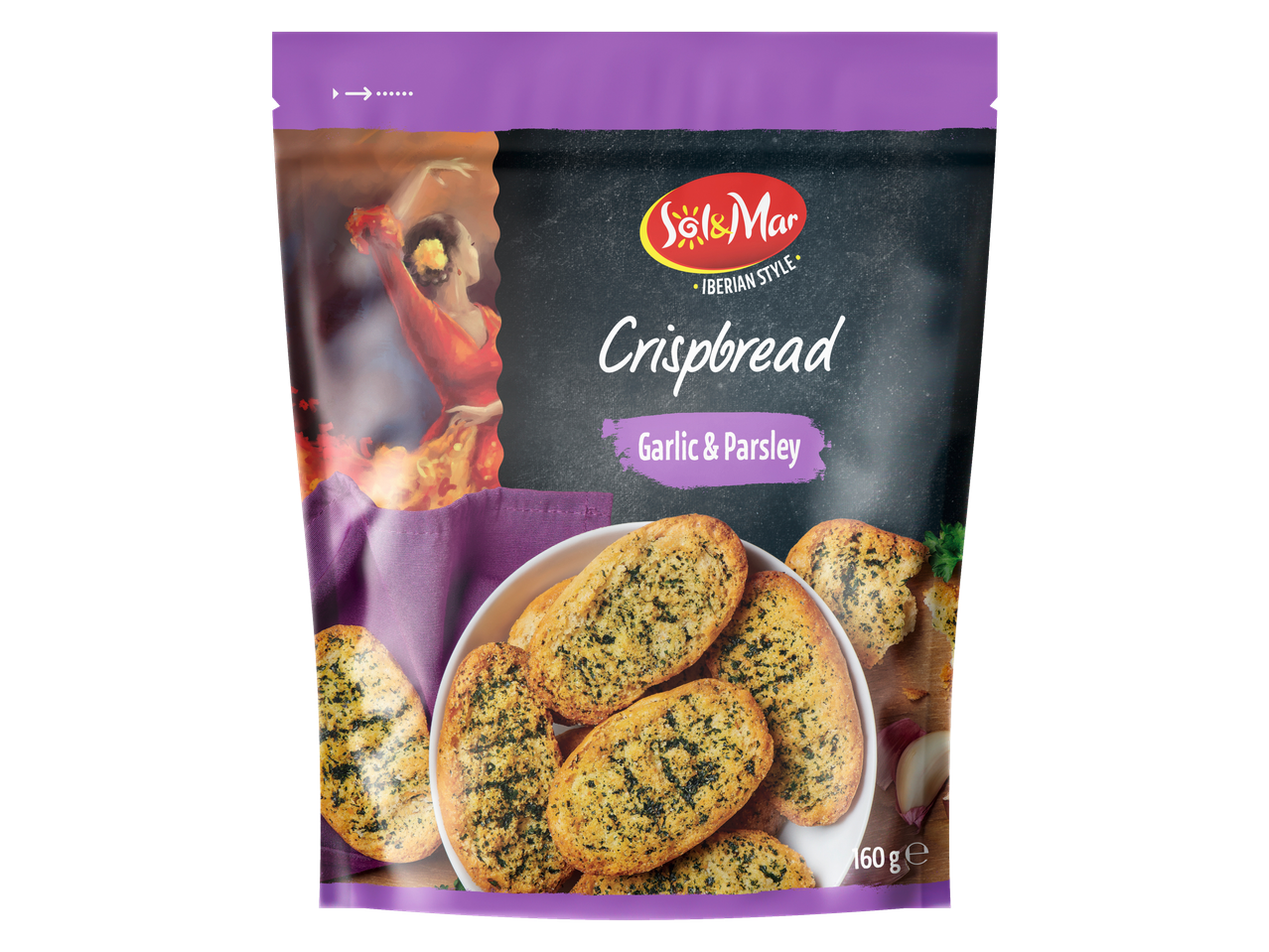 Sol & Mar knapperig brood met knoflook en peterselie, 160g, met Spaanse danseres.