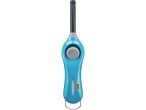 A blue, handheld gas lighter with a push-button ignition.