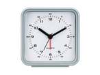 Square quartz alarm clock with white face.