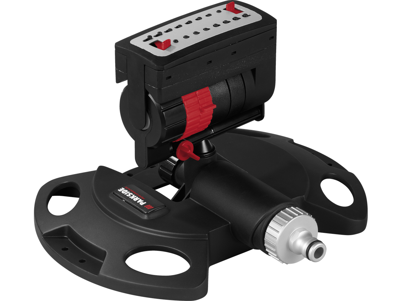 PARKSIDE PERFORMANCE laistymo sistema, juodas svyruojantis purkštuvas su raudonomis ir sidabrinėmis detalėmis