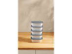 Stack of plastic food storage containers.
