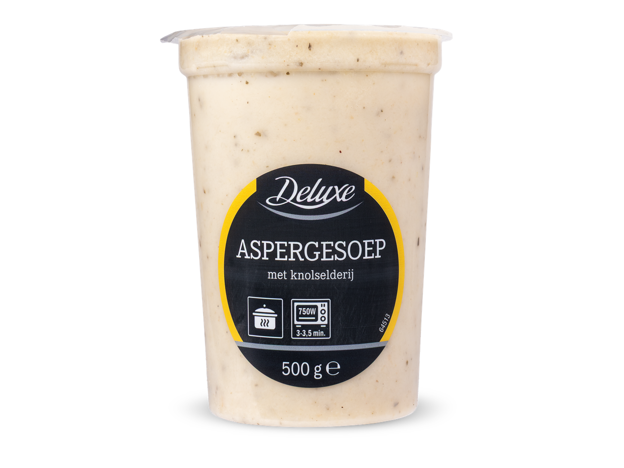 Een beker aspergesoep met knolselderij, 500g, met bereidingsinstructies.
