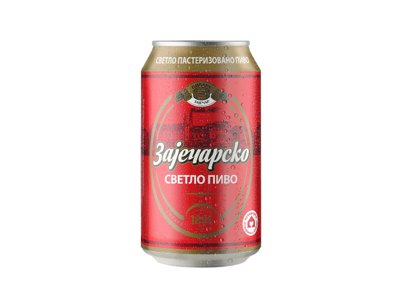 Crvena limenka piva sa kapljicama vode i natpisom 'Svetlo pasterizovano pivo'.