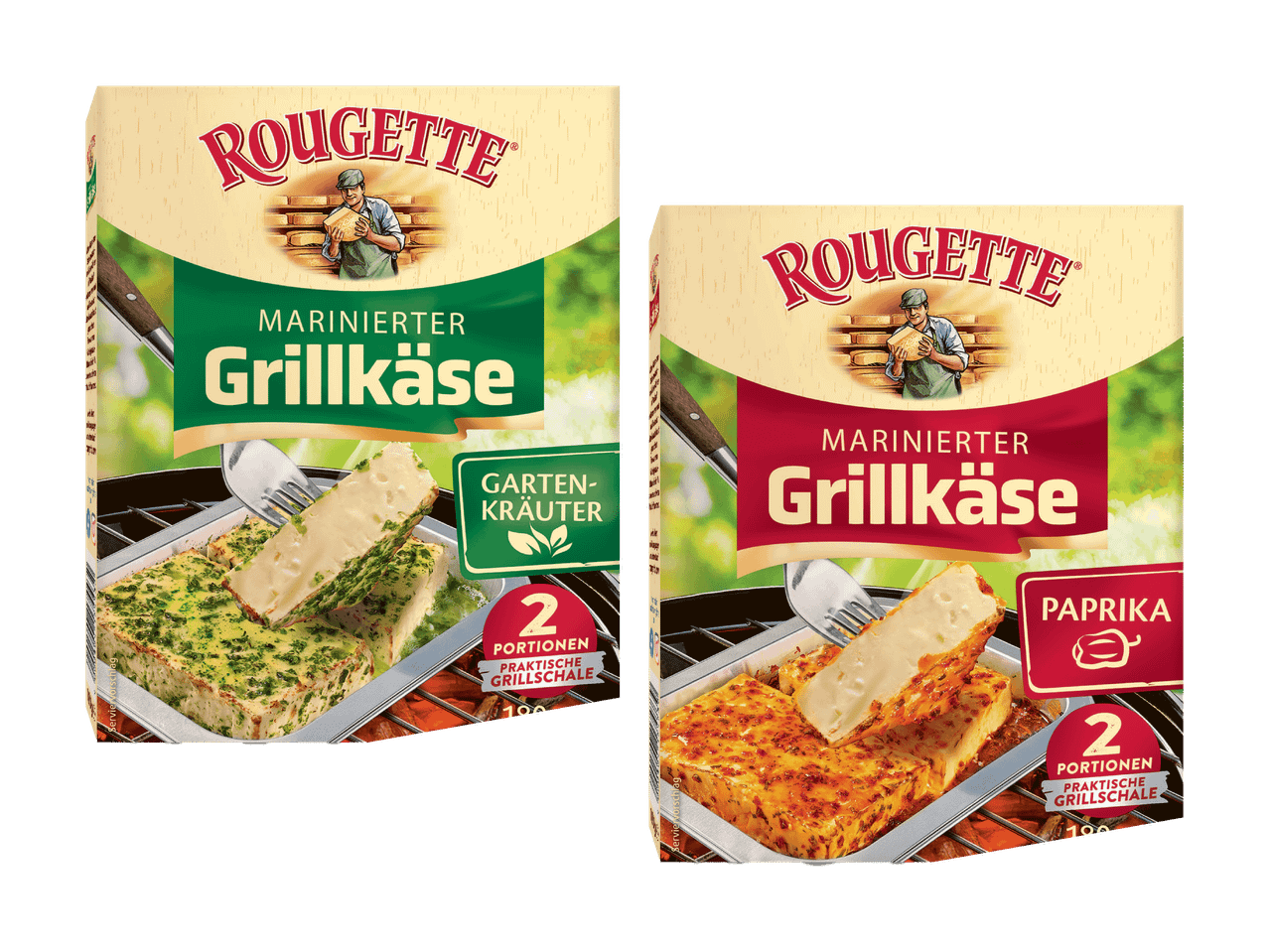 Zwei Packungen Rougette Grillkäse, eine grün (Petersilie), eine rot (Paprika).