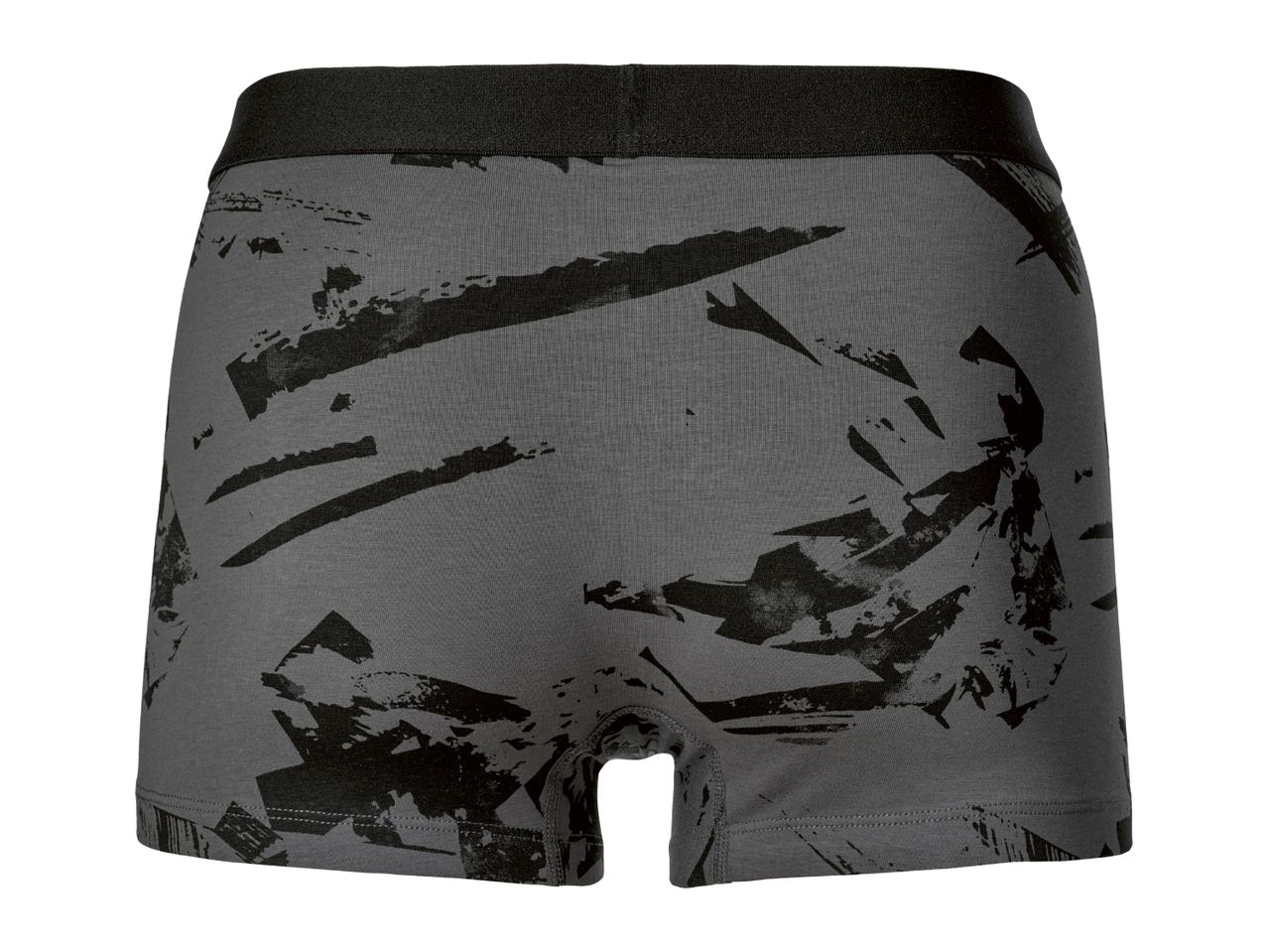 Gray men's boxer briefs with a black abstract pattern and a black waistband.