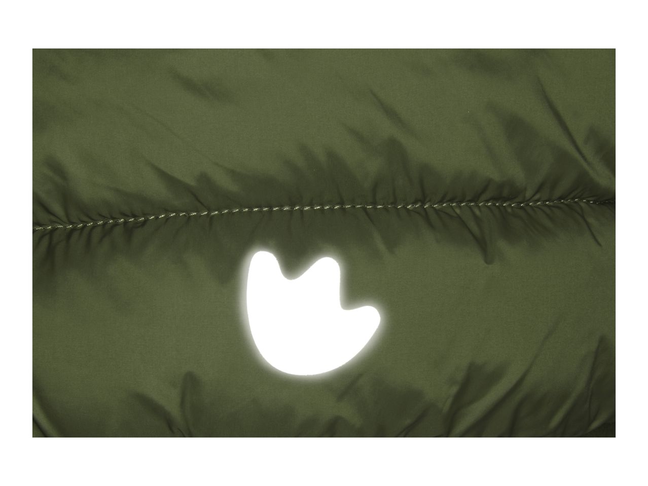 Close-up of a green quilted jacket with a reflective paw print.