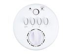 White control panel for a fan with buttons for stop, oscillation, speed, and a timer dial.