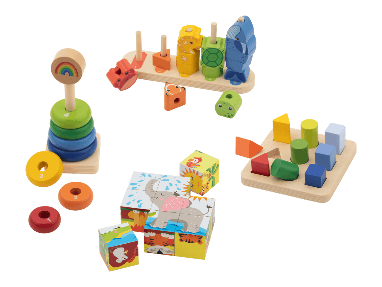 Värikkäitä puisia leluja, kuten pinoamisrengas, eläinpalapeli ja muotoilulajittelija.