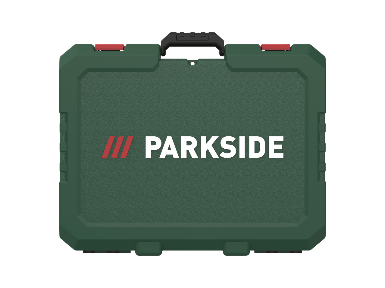 PARKSIDE tööriistakomplekt rohelises karbis punaste sulgurite ja musta käepidemega.
