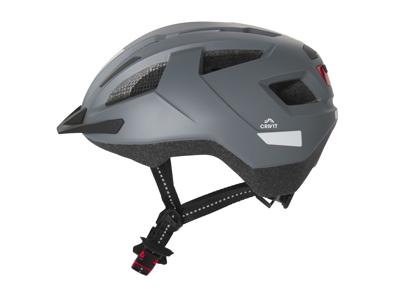 Grey bicycle helmet with a visor, vents, and reflective elements.