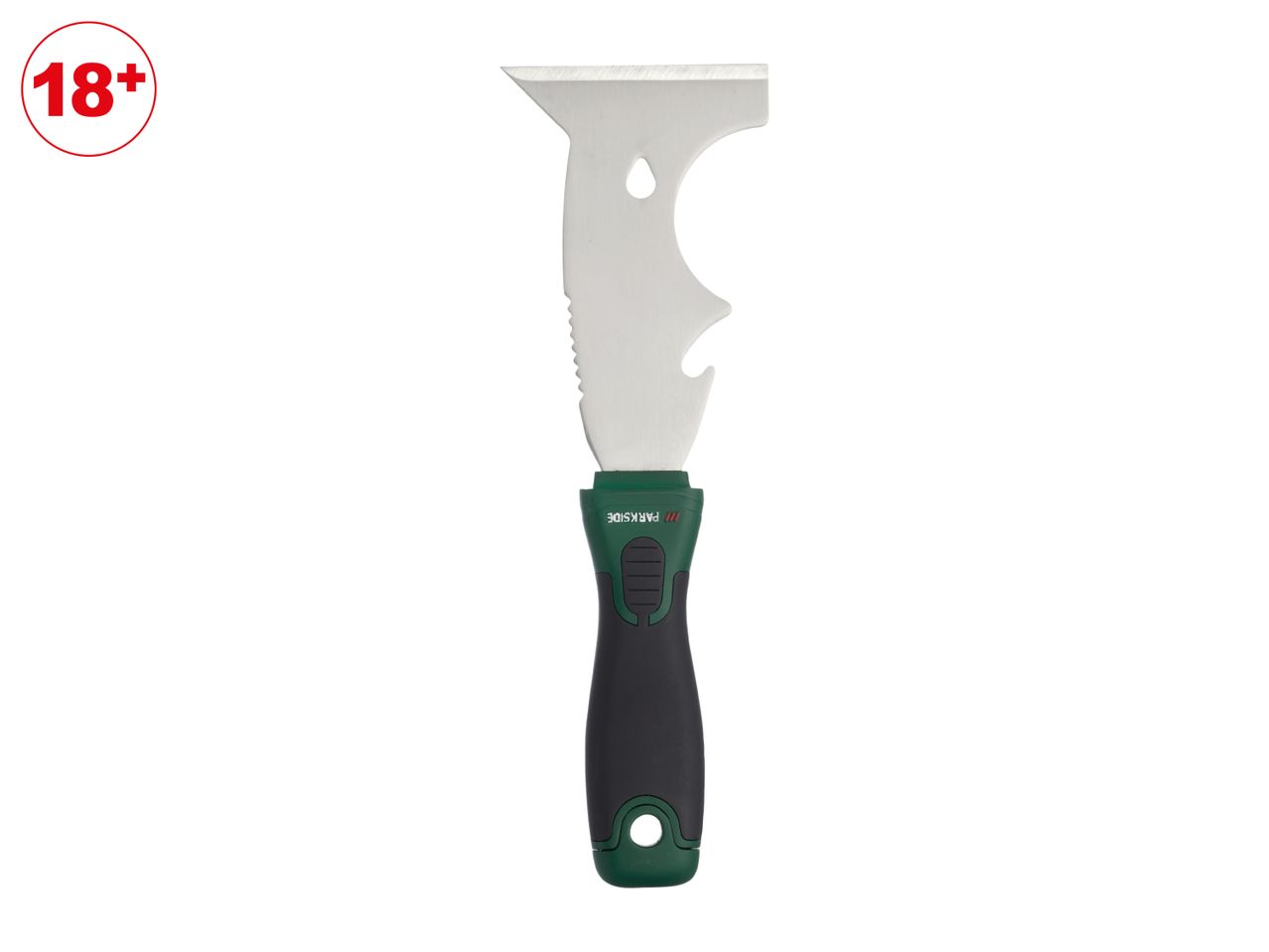 Multi-tool scraper with a green and black handle, featuring various blade shapes and an 18+ age restriction symbol.