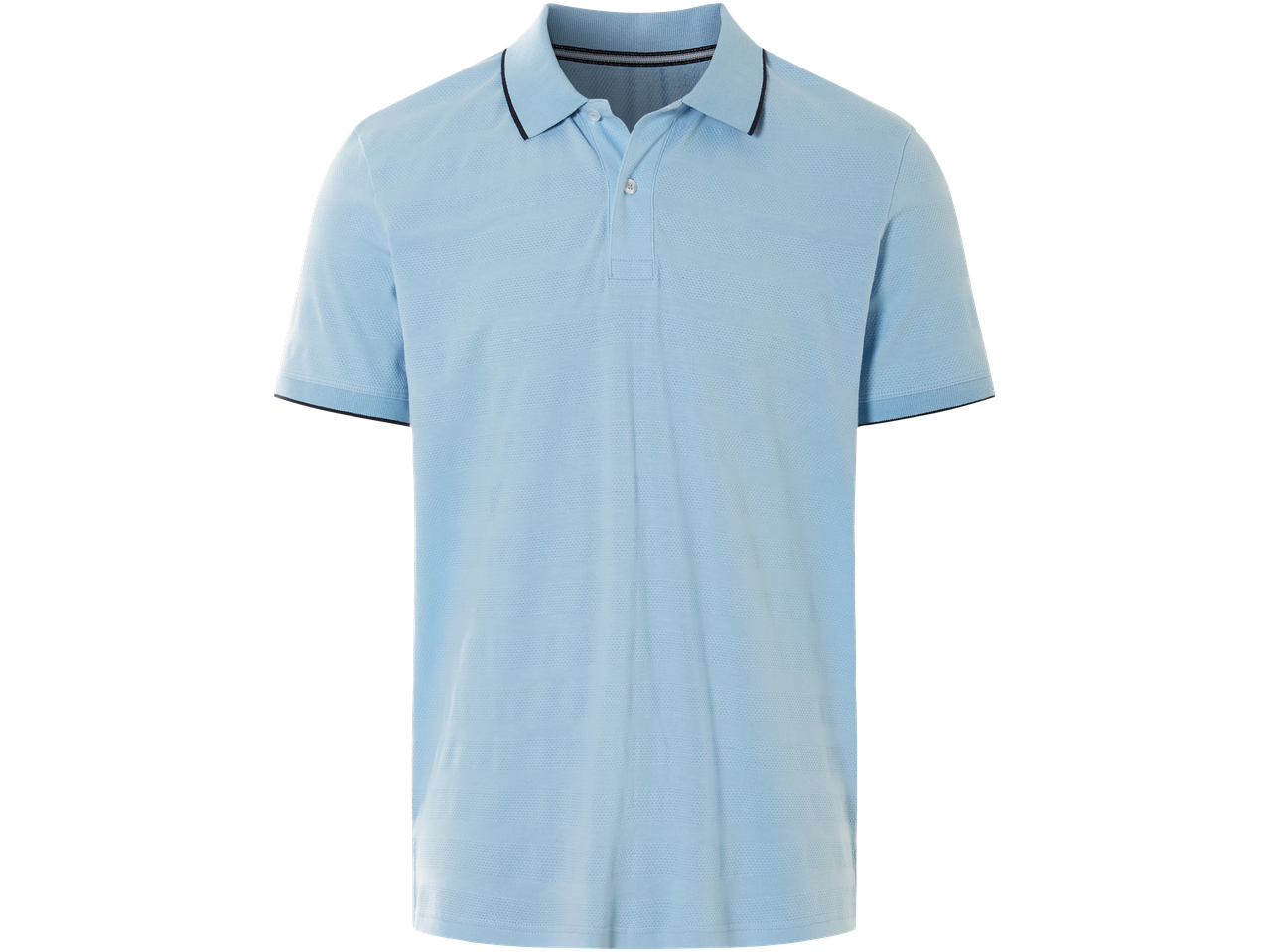 Gaiši zila vīriešu polo krekls ar tumši zilu apkakli.