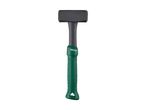 A sledgehammer with a black head and a green and black handle.