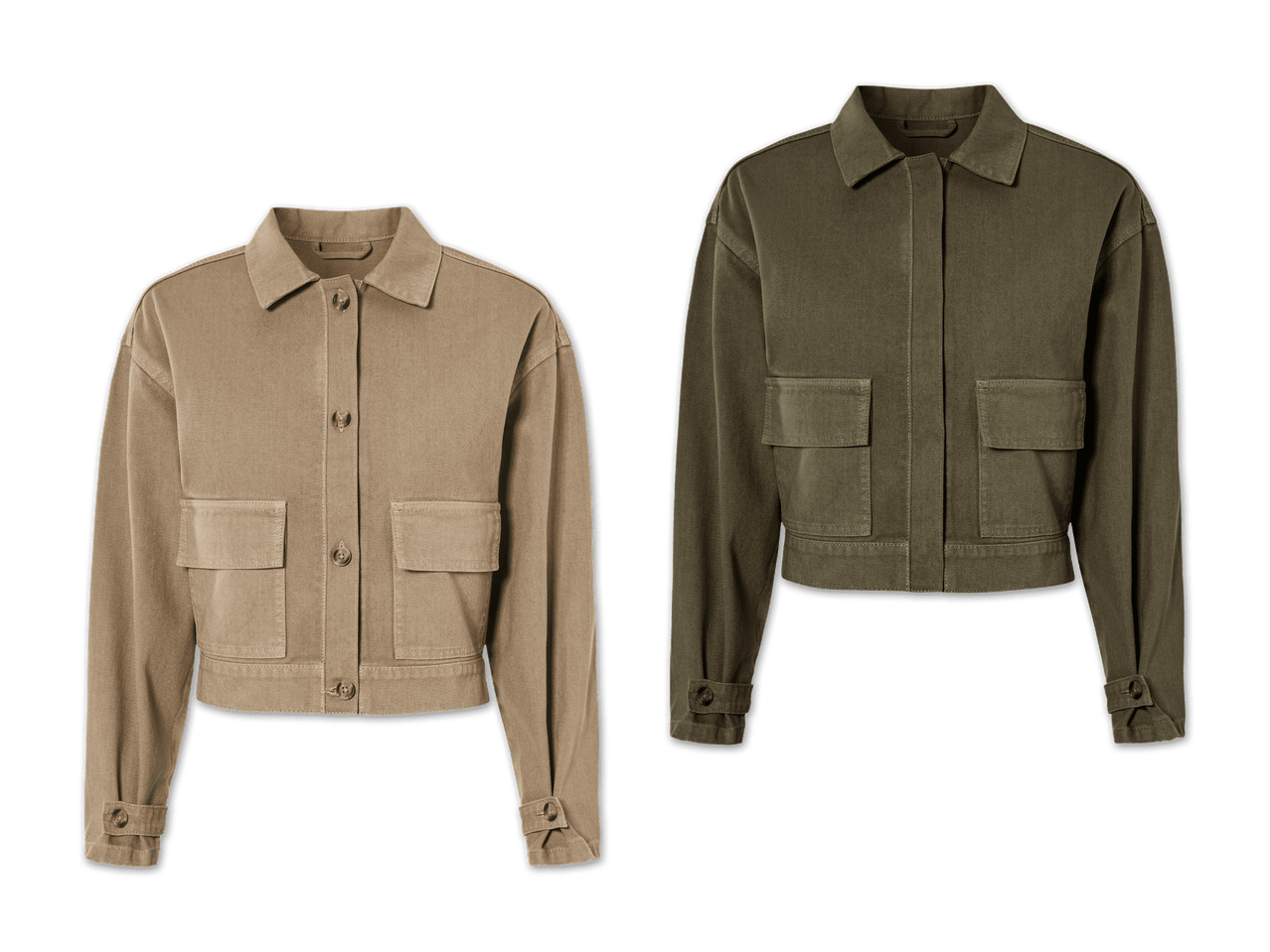 Zwei kurze Cordjacken in Beige und Olivgrün.
