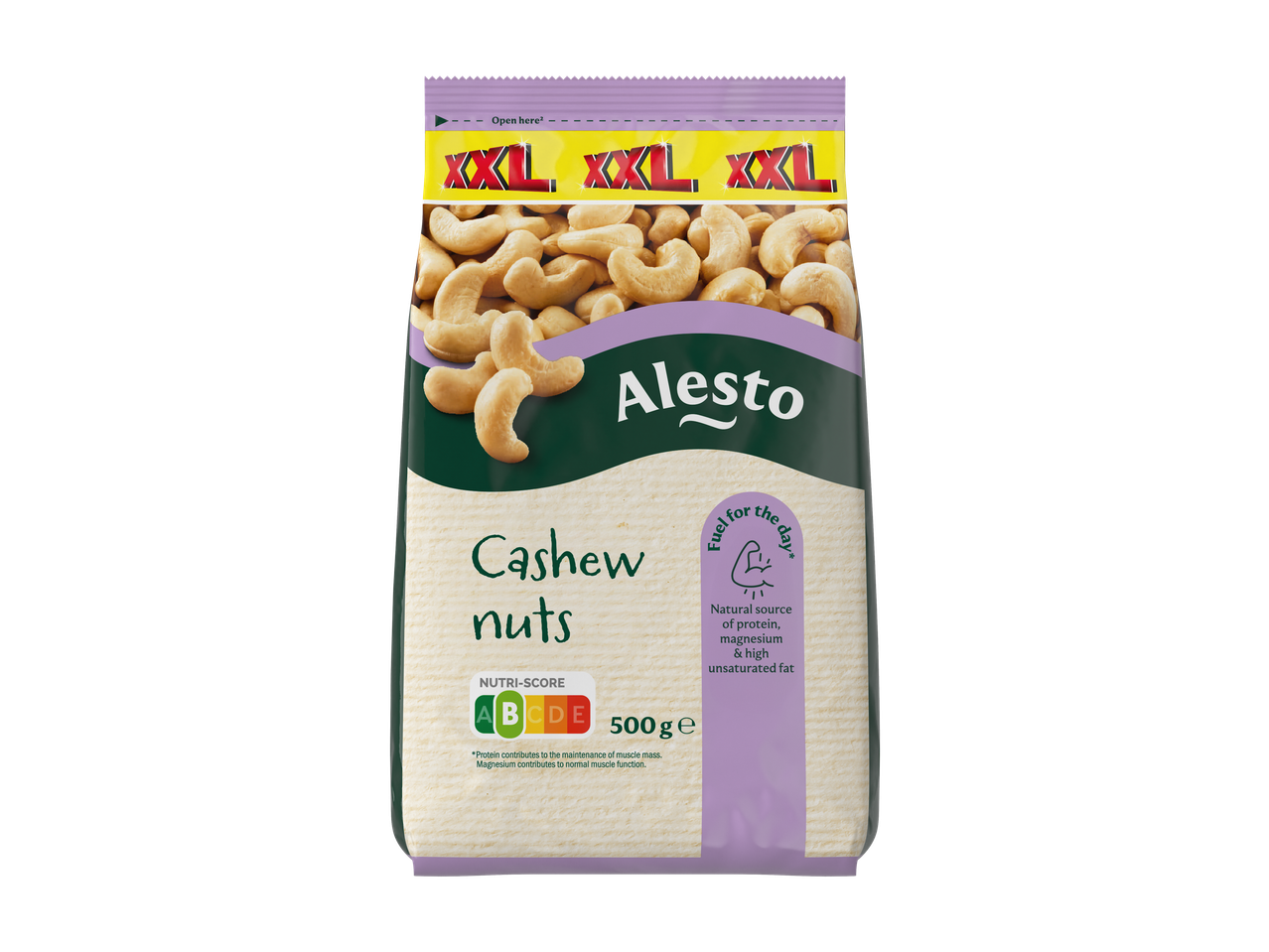 Alesto Cashewnoten XXL verpakking, 500g, met Nutri-Score A en gezondheidsvoordelen.