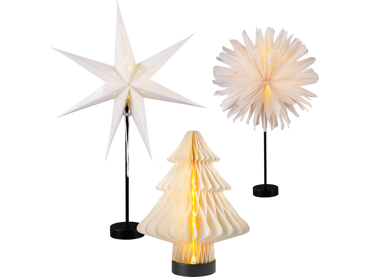 Juldekorationer: en vit pappersstjärna, en vit pappersblomma och en julgran i papper med belysning.