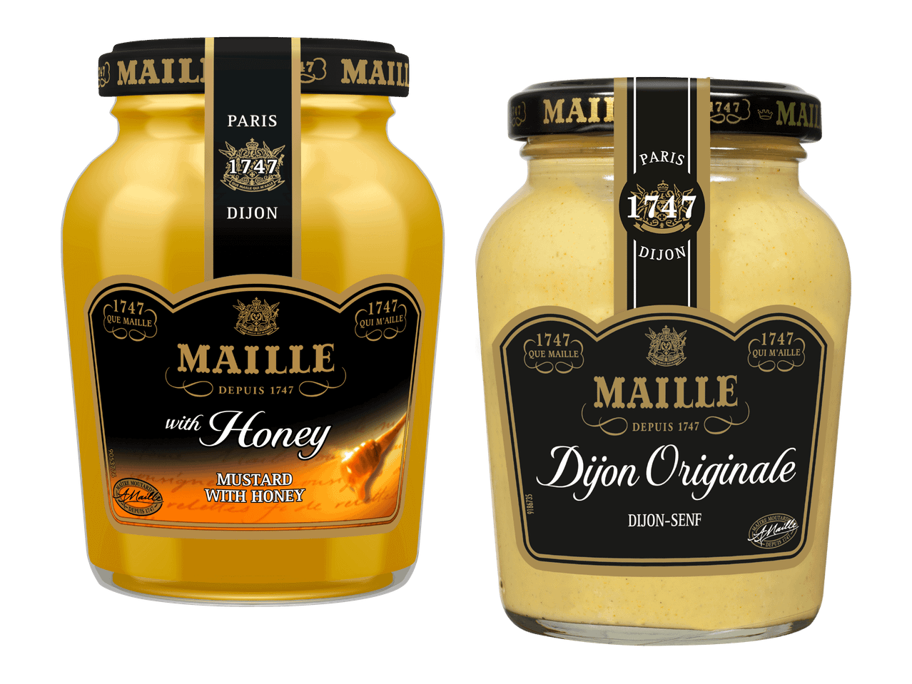 Maille hunaja- ja Dijon-sinapit purkeissa.