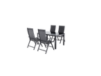 Conjunto de mobiliário de jardim cinzento com mesa e quatro cadeiras dobráveis.