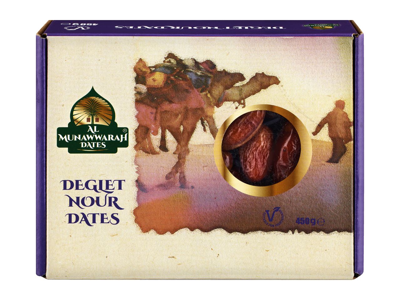 A box of Deglet Nour dates featuring a desert caravan illustration.