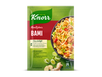Maaltijdmix voor bami met groenten, kip en mie, met voedingswaarden en serveersuggestie.
