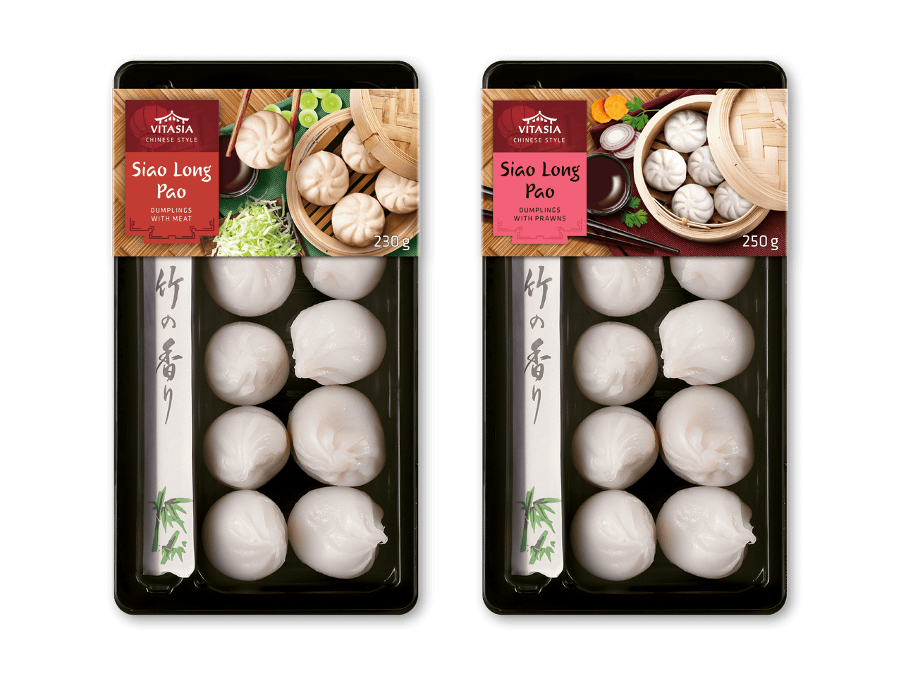 To pakker Siao Long Pao dumplings, en med kød (230g) og en med rejer (250g).
