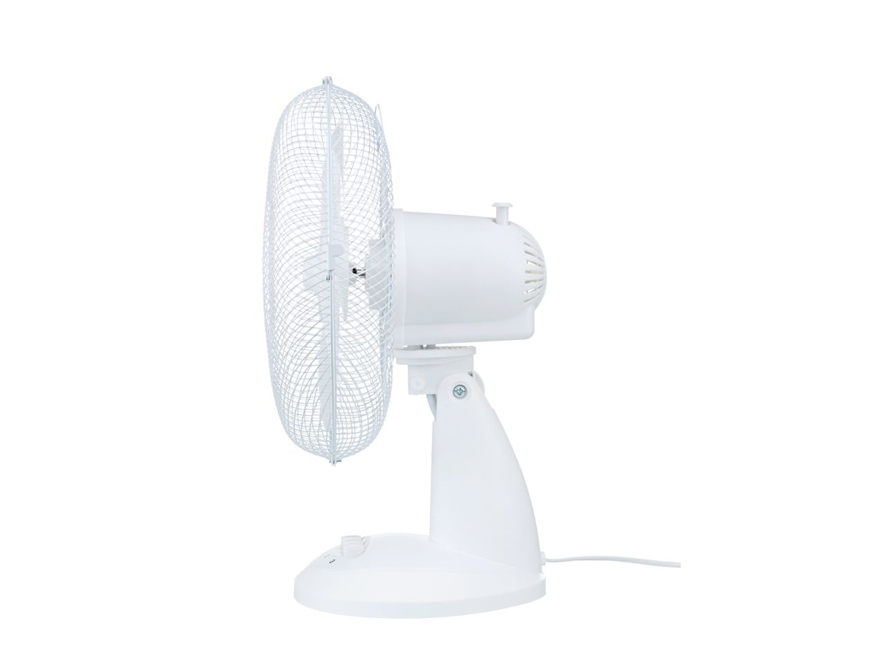 White electric table fan with a protective grille and a control knob on the base.