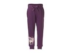 Purple sweatpants with a unicorn and rainbow graphic on the left leg.
